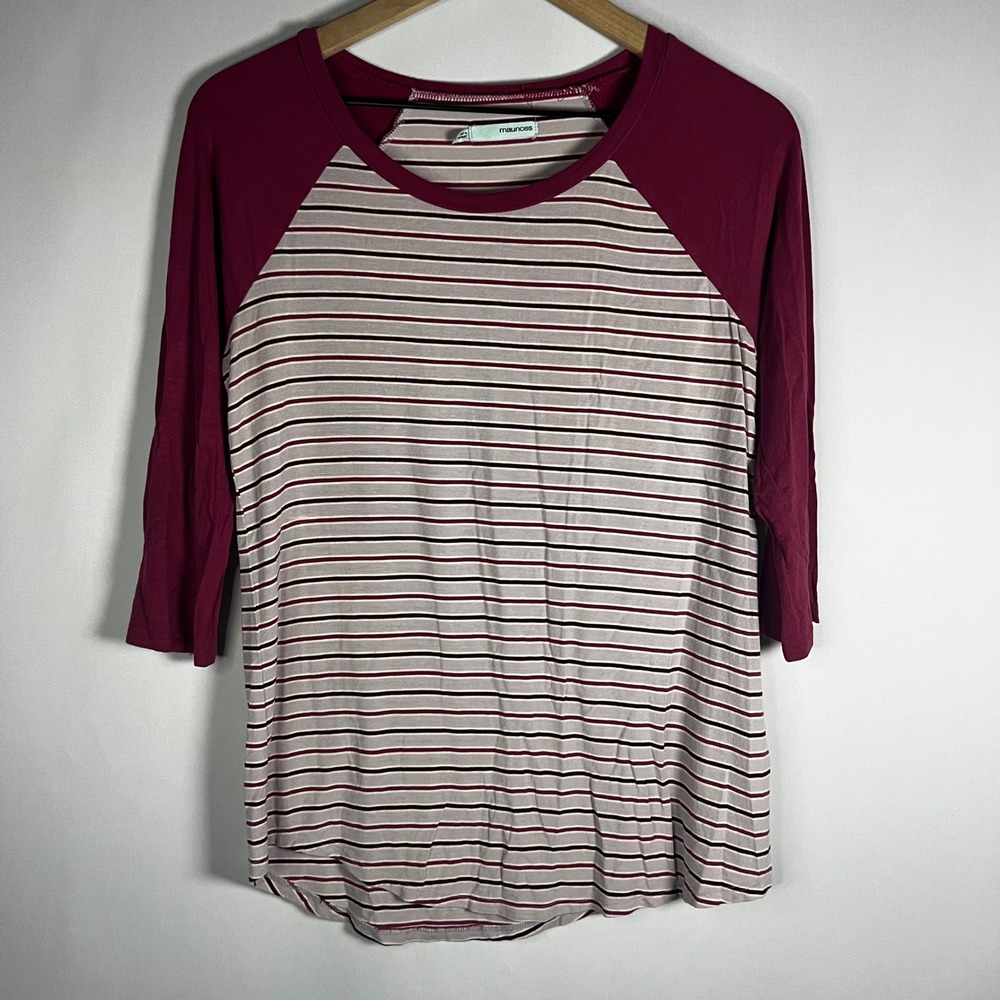 Maurices Shirt Women Small Pink Striped Crewneck 3/4 Sleeve Blouse Baseball Top‎